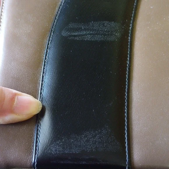 Brown & Black Leather Handbag, Gold Hardware, Satiny Interior, Zippered Pocket - Picture 5 of 6